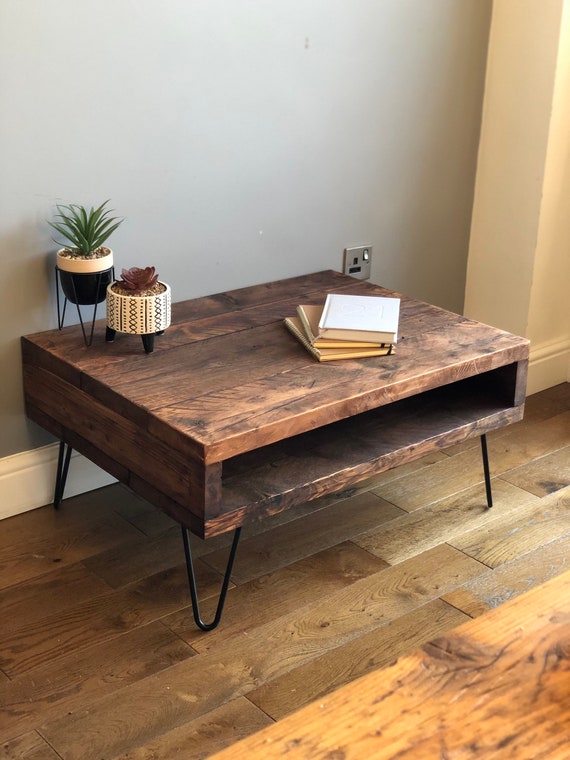 Industrial Reclaimed Coffee Table With Black Metal Hairpin Legs