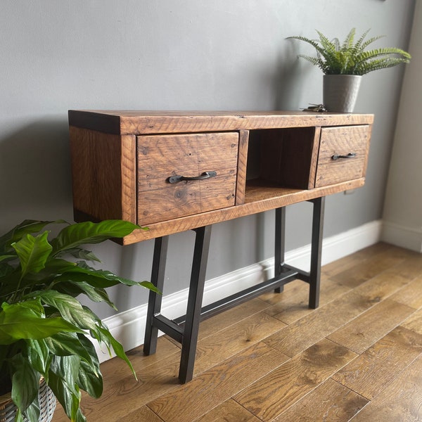 Industrial reclaimed console / side table with steel base | Rustic | Handmade | TV unit