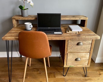 Industrial reclaimed solid wood desk with side drawers