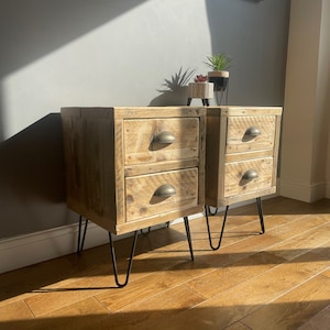 Reclaimed solid wood side tables with antique brass handles | Rustic | Handmade