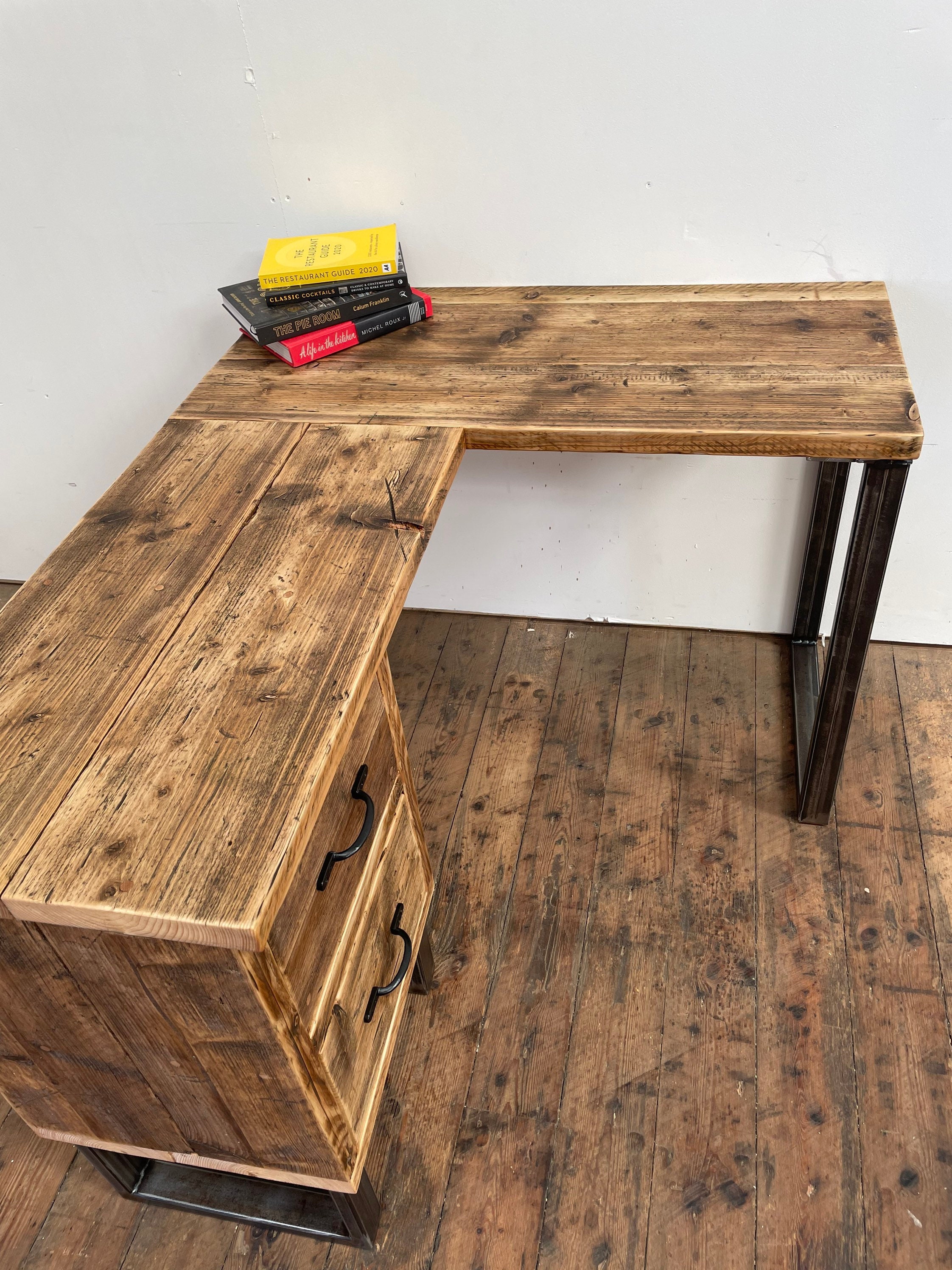 Reclaimed Solid Wood Corner Desk With Drawers and Chunky Steel Etsy UK