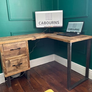 Reclaimed solid wood corner desk with drawers and chunky steel legs | Rustic | Handmade | Office Furniture