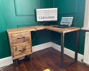 Reclaimed solid wood corner desk with drawers and chunky steel legs | Rustic | Handmade | Office Furniture