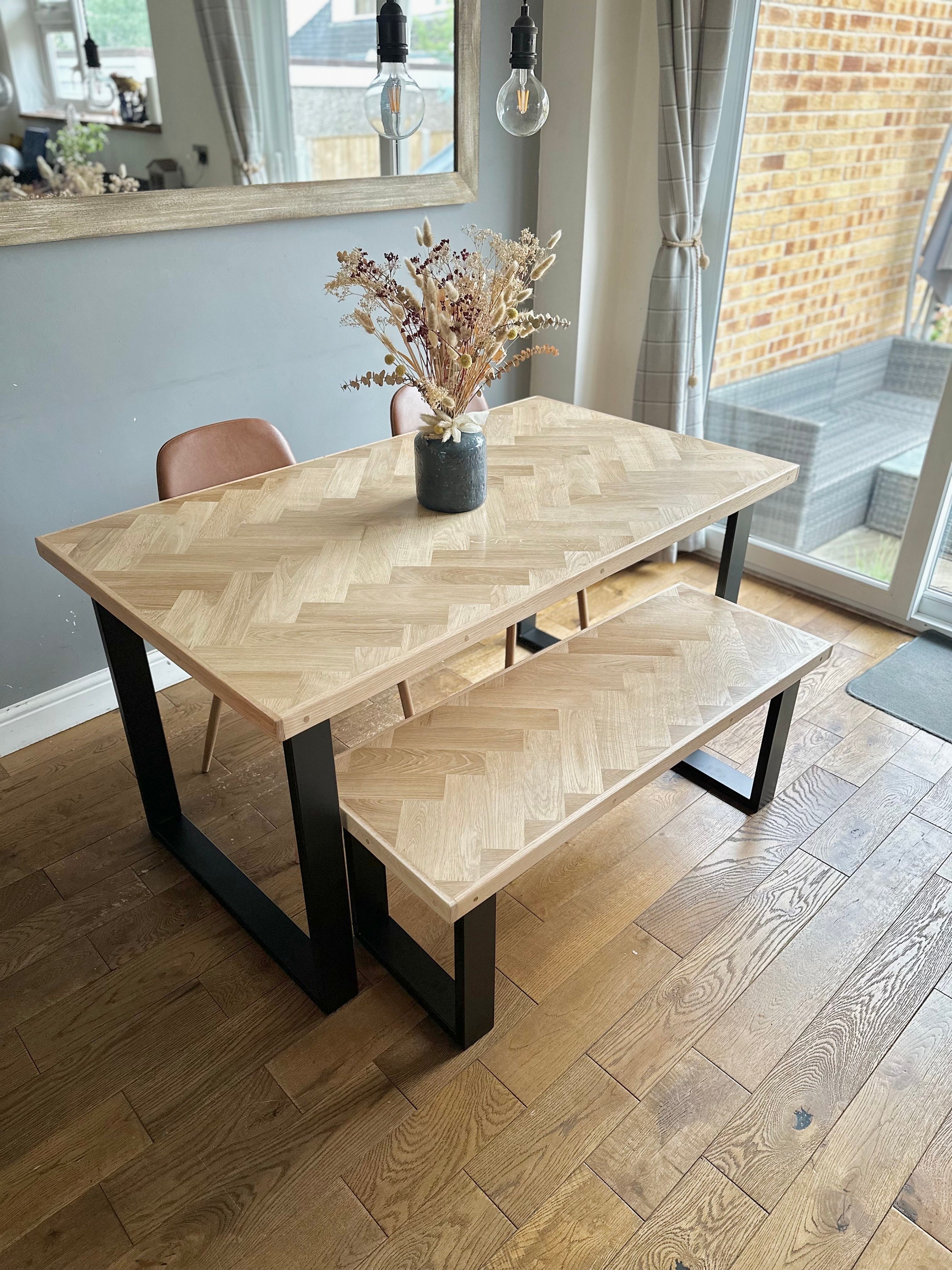 Solid Oak Herringbone Dining Table With Industrial Steel Legs