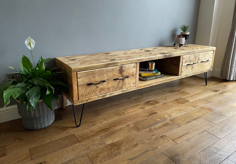 Reclaimed Solid Wood TV Unit With Drawers Rustic Living Etsy