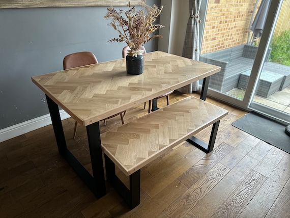 Solid Oak Herringbone Dining Table With Industrial Steel Legs