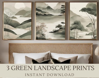 May include: Three digital prints of a green landscape with mountains, trees, and a lake. The prints are in gold frames and are hanging on a wall above a bed with a woven headboard.