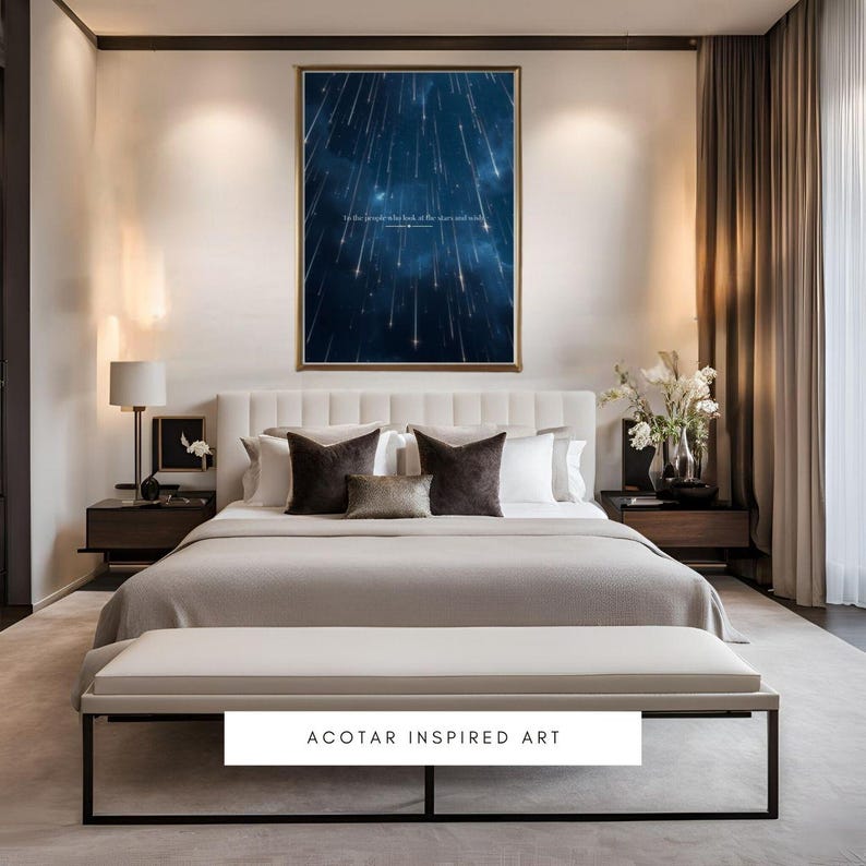 May include: A bedroom interior featuring a white bed, a white bench, and a framed print depicting a starry night sky with falling stars. The print includes the text "In the starlight, we look back at the stars and wish..." The bedroom has a contemporary design with dark brown walls and curtains.