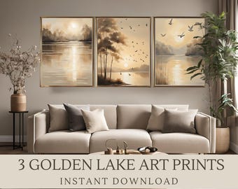 Golden Glow Lake Digital Art Set of 3 | Minimalist Nature Inspired Landscape Prints | Modern Wall Art Decor | Instant Download