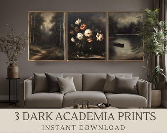 Moody Botanical Digital Art Print Set of 3 | Vintage Floral & Landscape Wall Art | Dark Academia Decor | Download