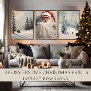 Vintage Santa & Winter Scene Digital Art Print Set of 3 | Classic Christmas Decor | Holiday Wall Art | Digital Download for Festive Home