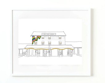 May include: Line drawing illustration of a building with a rainbow-colored mural on the side. The building has a sign that reads "The Surf Lodge".