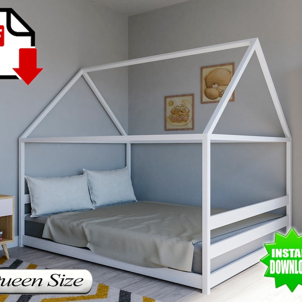 Queen Bed Plan, DIY, PDF, Wooden Floor Bed for Kids Bedroom, Toddler Bed