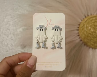 Disco Cowboy Ghost  | Cute Halloween Earrings | Polymer Clay Handmade | Holographic Glitter Ghost