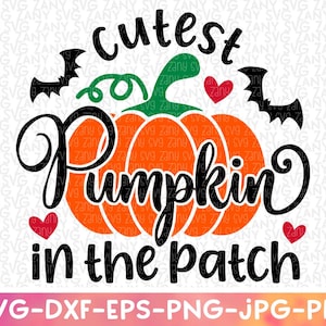 Può includere: Un design grafico in bianco e nero con il testo "cutest pumpkin in the patch". La grafica presenta una zucca con un gambo verde e una forma di cuore sopra. Ci sono due pipistrelli neri su entrambi i lati della zucca.