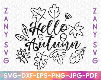 May include: Black and white line art design featuring the text "Hello Autumn" surrounded by leaves.