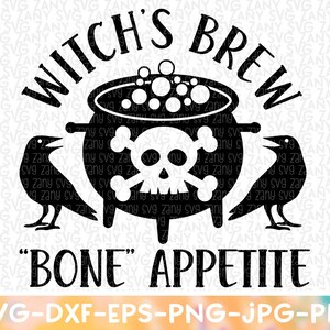Op de afbeelding: Zwart-wit grafisch ontwerp met een ketel met een schedel en gekruiste beenderen, twee raven en de tekst "Witch's Brew" en "Bone Appetite".