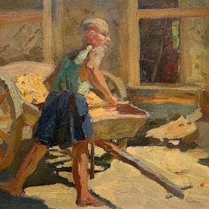1955 R. RADZIECKA FIGURKA Oryginalny obraz olejny ukraińskiego artysty Yuzefovicha, impresjonistyczne dzieło sztuki przedstawiające wiejskiego robotnika