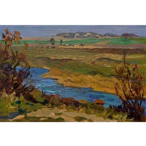 Pintura al óleo original vintage: paisaje de río otoñal, ladera escénica, follaje otoñal. Obra de arte del artista ucraniano Solodovnikov, década de 1970.