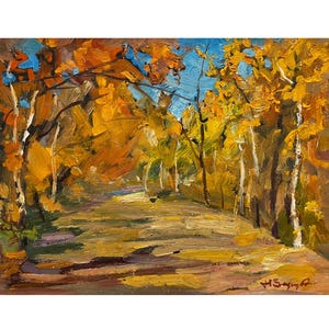 Pintura al óleo original vintage de 1983: paisaje otoñal sereno: árboles otoñales, bosque, obra de arte impresionista de la artista ucraniana Zaruba N.