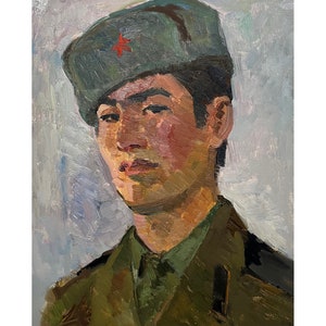 RETRATO DE MILITAR - Joven asiático - Pintura al óleo original - Soldado soviético, década de 1960, del artista ucraniano Livshits S. - Obra histórica