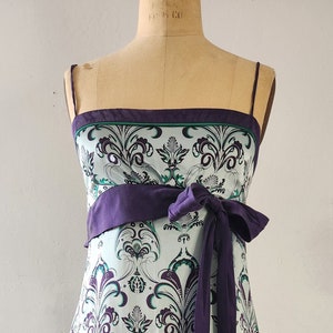 Vintage Silk Dress, Empire waist line, Brand To the Max, light teal silk dress, Front Purple bow, mini Retro dress, Sleeveless dress