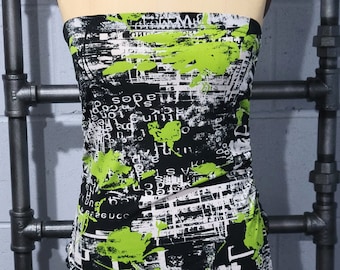 Asymmetric Sleeveless Tube Top, Lime Green Black Print, Size Small