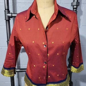 Orange blouse, rust and gold top, buttoned down, gold embroideries, 3/4 sleeves, Oriental fashion, retro top for women, Oriental fashion