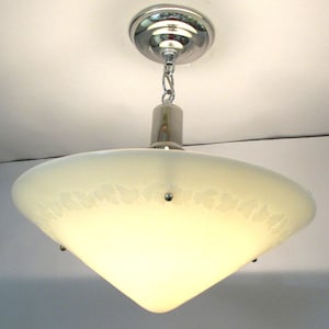 Art Deco Pendant Fixture: white Glass Shade, Chrome Canopy -- 2 available