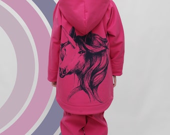 Girls and Boys Softshell Outerwear set with unique Unicorn print, Handprinted by BE DREZZED