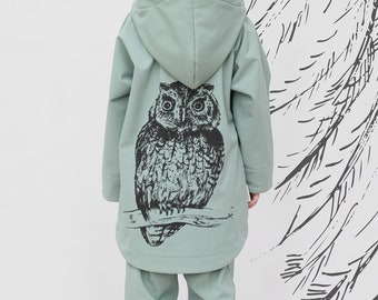 Boys and Girls Softshell Outerwear set with unique Owl print, Handprinted by BE DREZZED