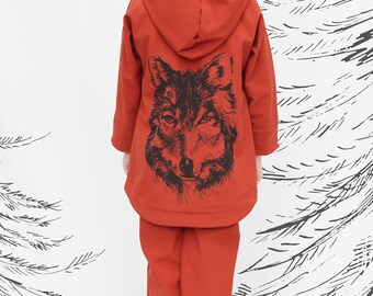 Boys and Girls Softshell Outerwear set with unique Wolf print, Handprinted by BE DREZZED