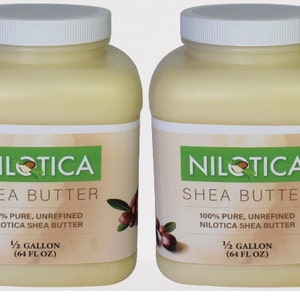 May include: Two large containers of Nilotica Shea Butter. Each container has a white lid and a label with the brand name, product name, and details about the product. The label also states the size is 1/2 gallon (64 fl oz).