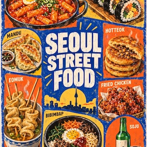 Può includere: Un poster in stile vintage intitolato SEOUL STREET FOOD con illustrazioni di tteokbokki, gimbap, mandu, hotteok, eomuk, pollo fritto, bibimbap, una bottiglia di soju e un bicchiere, su sfondo blu con la sagoma di una città.