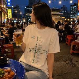 May include: A cream-colored short-sleeve t-shirt featuring a graphic print of the Seoul Subway Line 2 map. The design includes the text 2호선 LINE 2, station names in Korean and English, and the highlighted station 222 Seongsu in green.