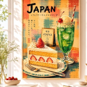 May include: A rectangular wall art print featuring a slice of strawberry shortcake on a plate with a fork and a glass of green melon soda with a cherry and ice cream. The text reads JAPAN, いちごケーキとメロンソーダ, 喫茶パラダイス, and other Japanese characters on a textured, multi-colored background.