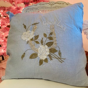 Shabby Chic Rachel Ashwell Blue Linen Good Luck Embroidered Decor Pillow 22”