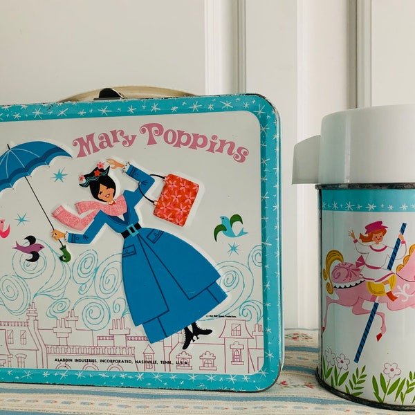 SALE!! Vintage Walt Disney Mary Poppins Aladdin Metal Lunchbox and Thermos 1964