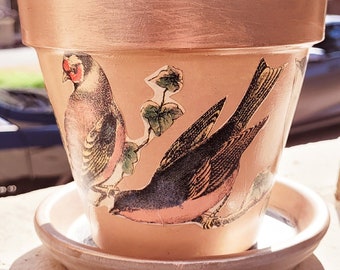 Hand painted planter, bird design,decoupage pot, terracotta pot, home decor, vintage decor, garden decor, indoor plant pot, gifts for her