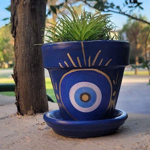 Puede incluir: Maceta de cerámica azul con un diseño de ojo turco dorado y una planta de aire verde en su interior. La maceta tiene un platillo.