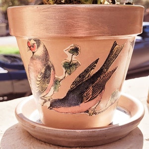 Hand painted planter, bird design,decoupage pot, terracotta pot, home decor, vintage decor, garden decor, indoor plant pot, gifts for her