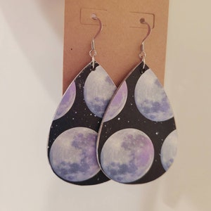 Moon and star earrings, teardrop earrings, wooden earrings, fantasy earrings, galaxy earrings, modern earrings, space earrings