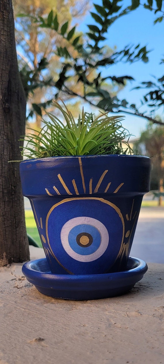 Hand Painted Evil Eye Terracotta Planter With Drainage Plate - Etsy
