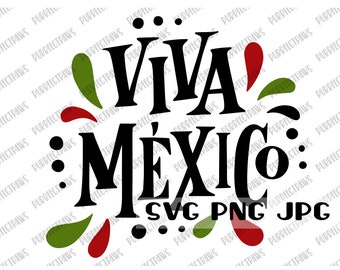 Könnte beinhalten: Schwarz-weißes Textbild mit der Aufschrift "Viva Mexico" mit grünen und roten Chili-Pfeffer-Formen um den Text herum. Der Text enthält auch "SVG PNG JPG" am unteren Rand.
