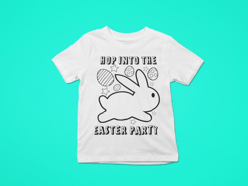 May include: White t-shirt with a black and white illustration of a bunny rabbit hopping with the text "Hop into the Easter Party".