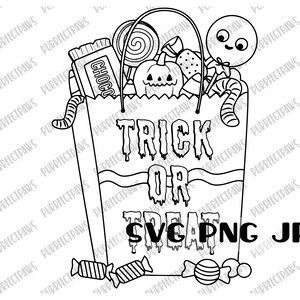 May include: A black and white line drawing of a trick or treat bag filled with sweets. The bag has the words "Trick or Treat" written on it. The sweets include lollipops, gummy worms, chocolate bars, and candy corn.