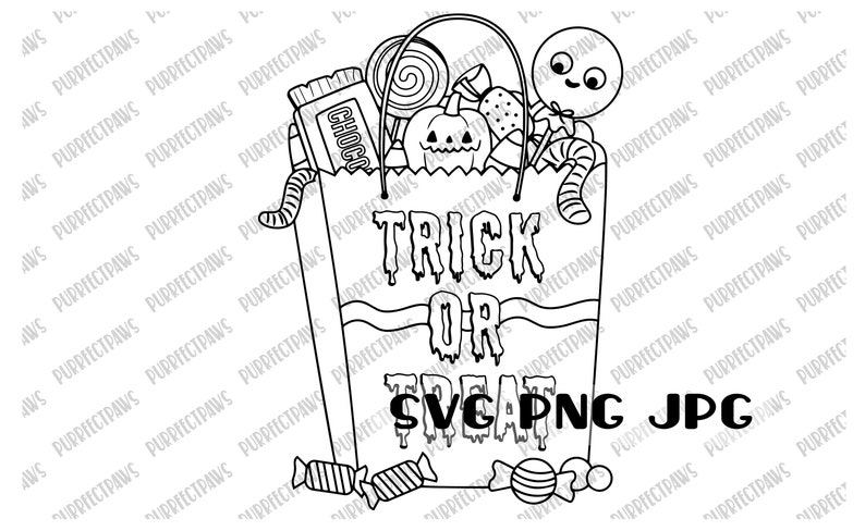 May include: A black and white line drawing of a trick or treat bag filled with sweets. The bag has the words "Trick or Treat" written on it. The sweets include lollipops, gummy worms, chocolate bars, and candy corn.