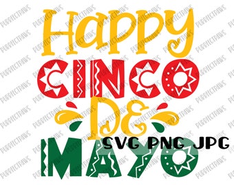 Puede incluir: Un diseño gráfico colorido con el texto "Happy Cinco De Mayo" en amarillo, rojo y verde. El texto está decorado con diseños estilizados de sol y olas.