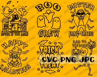 Könnte beinhalten: Schwarz-weiße Halloween-Illustrationen mit dem Text "Boo Crew", "Mister Fang-Tastic", "Happy Halloween", "Trick or Treat", "Enter If You Dare" und "Bad to the Bone".