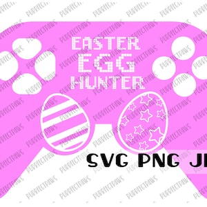 Puede incluir: Controlador de juego digital rosa con rayas blancas y estrellas en los lados. El texto "Easter Egg Hunter" está en el centro del controlador.